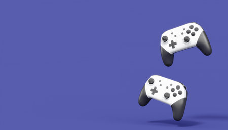 Realistic white video game joysticks or gamepads on violet background