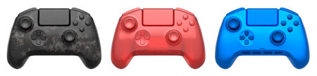 Collection of gaming controllers with different colors and designs for gaming enthusiasts isolated...