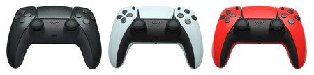 Collection of gaming controllers with different colors and designs for gaming enthusiasts isolated on white background with clipping pathの写真素材