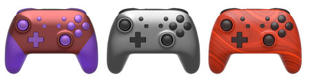 Collection of gaming controllers with different colors and designs for gaming enthusiasts isolated...