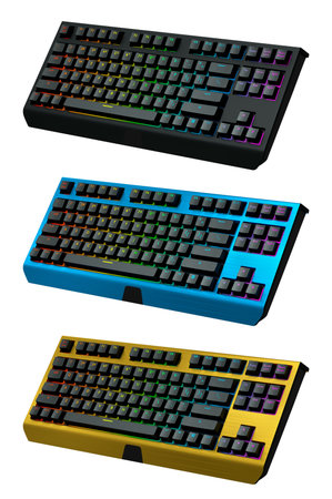 Collection of mechanical keyboards isolated on white background with clipping path. 3D rendering of streaming gear and gamer workspace conceptの写真素材