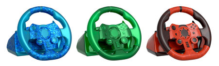 Set of racing game steering wheels isolated on white background with clipping path, expertly crafted to boost your immersive gaming experienceの写真素材