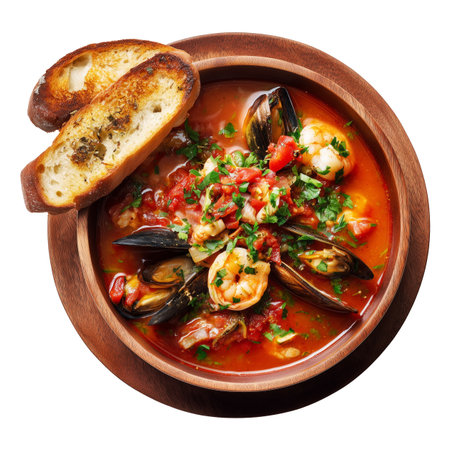 Seafood soup with shrimps, mussels, tomatoes and parsley. Isolated over white backgroundの素材