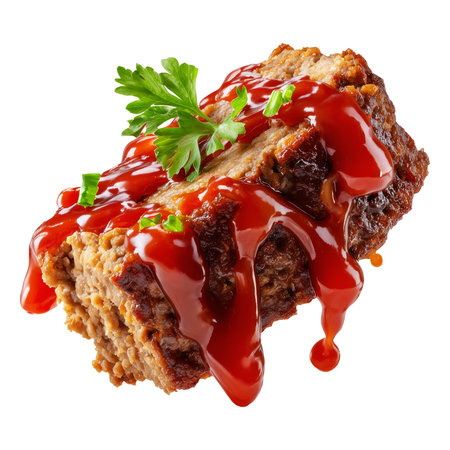 Meatloaf slice topped with ketchup and garnished with parsley, isolated on white transparent background, concept of homemade comfort foodの素材