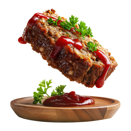 Meatloaf slice topped with ketchup and garnished with parsley on wooden plate, isolated on white transparent background, concept of homemade comfort foodの素材