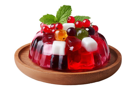 Jelly salad dessert topped with fresh berries, mint leaves, marshmallows and candy on wooden plate isolated on white transparent background, concept of sweet fruity freshnessの素材