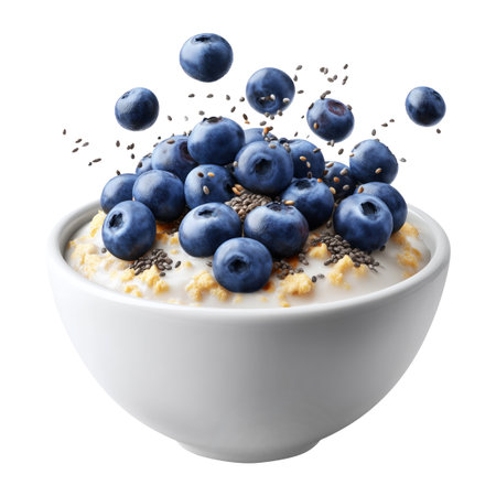 Bowl of tasty oatmeal with blueberries and granola on white backgroundの素材