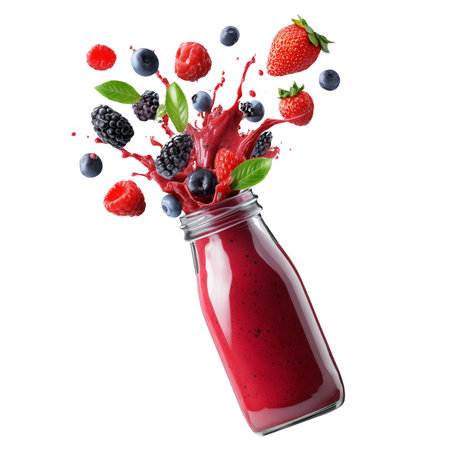 Vibrant berry smoothie splashing from glass bottle, surrounded by fresh fruits and mint, isolated on white transparent background, concept of freshnessの素材
