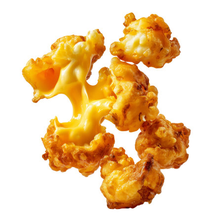 Golden crispy deep-fried cheese balls curds with melted cheese filling, isolated on white transparent background, concept of United States traditional dishes snack foodの素材