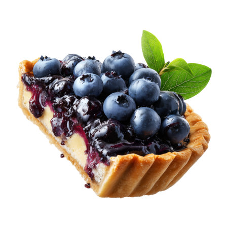 Slice of New England blueberry pie topped with fresh berries and mint leaves, isolated on white transparent background, concept of American dessertの素材