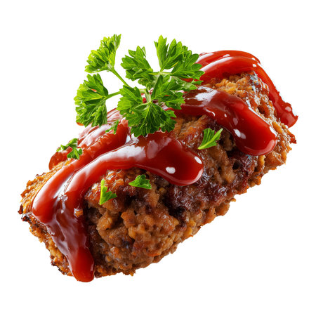 Meatloaf slice topped with ketchup and garnished with parsley, isolated on white transparent background, concept of homemade comfort foodの素材