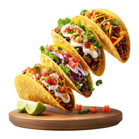 Crunchy beef tacos filled with ground meat, lettuce, cheese, and vegetables isolated on white background, Mexican fast food mealの素材