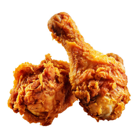 Golden crispy fried chicken drumsticks, isolated on white transparent background. Concept of fast food and comfort mealの素材