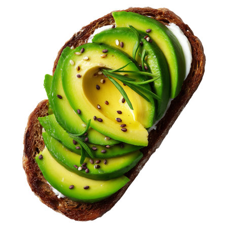 California avocado toast topped with ripe avocado slices, soft-boiled egg, sesame seeds, herbs and sauce, isolated on white transparent background, concept of healthy breakfastの素材
