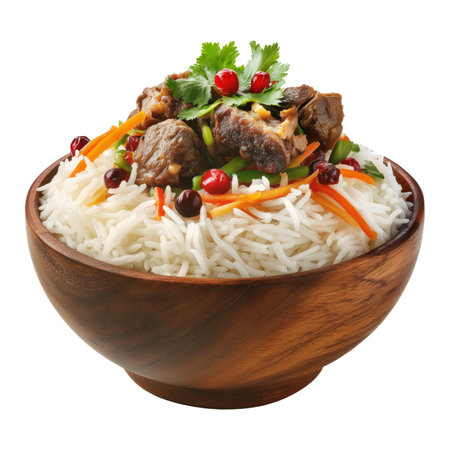 Mandi Yemeni basmati rice with beef, lamb, herbs, and vegetables in wooden bowl, isolated on white transparent background. Traditional Arabic cuisineの素材