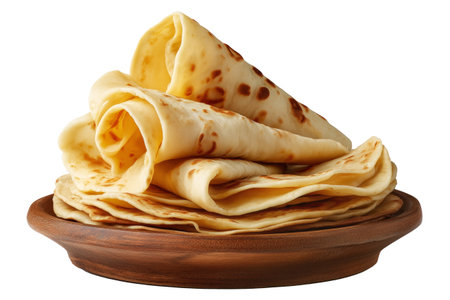 Yemeni malawah flaky buttery bread baked round flatbreads with toasted spots stacked in pile on wooden plate, isolated on white transparent background, concept of traditional bakeryの素材