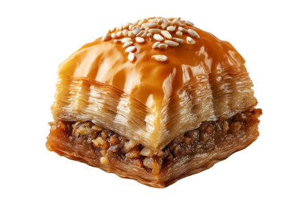 Traditional Turkish baklava filled with pistachios and syrup, cut square triangle isolated on white transparent background, symbolizing sweet cuisineの素材