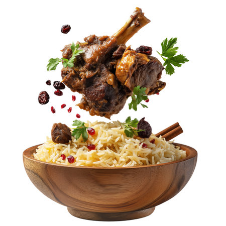 Mandi Yemeni basmati rice with beef, lamb, herbs, and vegetables in wooden bowl, isolated on white transparent background. Traditional Arabic cuisineの素材