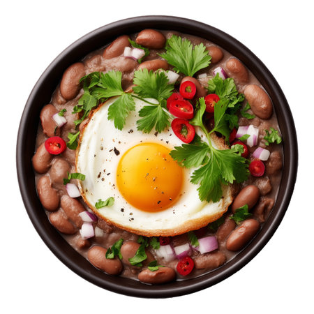 Egypt Ful medames fava bean stew with egg, garlic and cilantro in wooden bowl, top view, isolated on white transparent background, concept of Arabic healthy vegan foodの素材