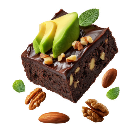 Chocolate brownie with avocado slices, pecans, chopped nuts, and mint leaf on white transparent background, concept of healthy dessertの素材
