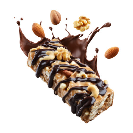 Chocolate coated nut protein energy fitness bar topped with almonds, cashews, walnuts, and chocolate drizzle isolated on white transparent background, concept of healthy snackの素材