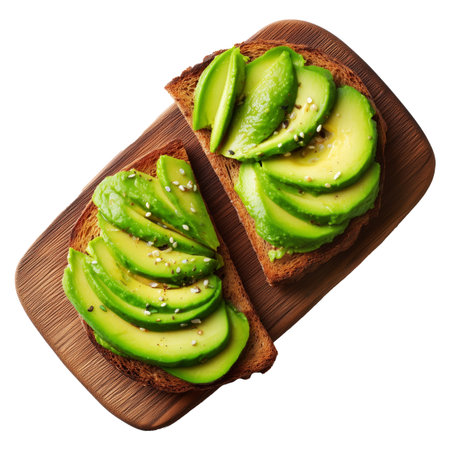 California avocado toast topped with seeds and rosemary on wooden board, isolated on white transparent background, concept of healthy breakfastの素材