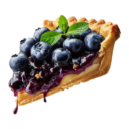 Slice of New England blueberry pie topped with fresh berries and mint leaves, isolated on white transparent background, concept of American dessertの素材