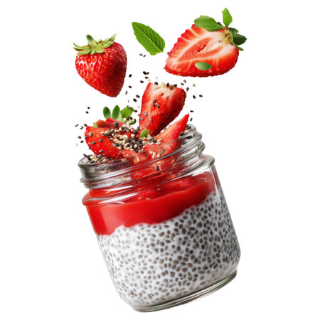 Chia pudding in glass jar with strawberries, nuts, and mint flying above isolated on white transparent background, concept of healthy dessertの素材