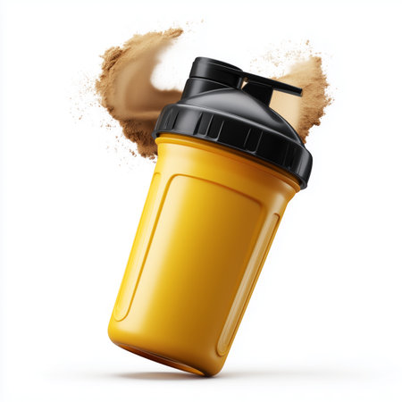 Yellow protein shaker bottle with black lid surrounded by flying powder, isolated on white background, concept of fitness and supplementsの素材