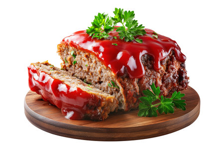 Meatloaf slice topped with ketchup and garnished with parsley on wooden plate, isolated on white transparent background, concept of homemade comfort foodの素材