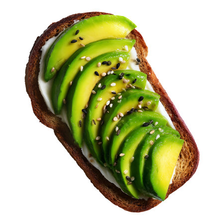 California avocado toast topped with ripe avocado slices, soft-boiled egg, sesame seeds, herbs and sauce, isolated on white transparent background, concept of healthy breakfastの素材