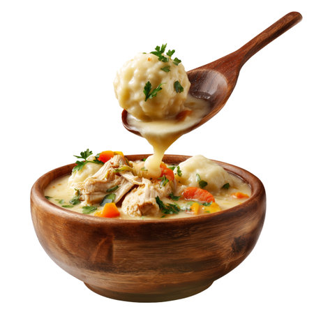 Hearty chicken and dumplings soup with peas and carrots in wooden bowl, floating dumplings, isolated on white transparent background, comfort food conceptの素材