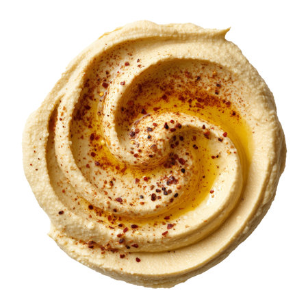 Swirled creamy hummus and tahini dip with lemon and garlic with golden olive oil drizzled on top, isolated on white transparent background. Concept of healthy Mediterranean snackの素材