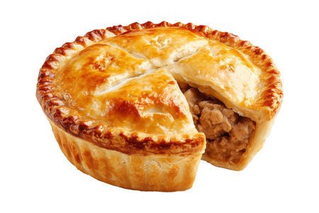 Australia meat pie with minced beef and gravy and crisp flaky crust, isolated on white transparent background. Concept of homemade comfort foodの素材