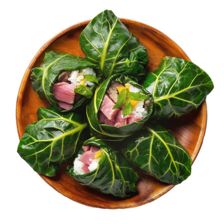 Lu Pulu corned beef cooked in coconut milk in taro leaves in wooden bowl, isolated on white transparent background, concept of traditional Polynesian foodの素材