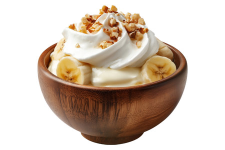 Banana pudding dessert with whipped cream in wooden bowl, isolated on white transparent background, concept of Papua New Guinea sweet treatの素材