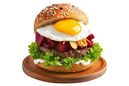 Kiwi burger with fried egg, beetroot slices, lettuce, cheese, and herbs isolated on white transparent background, concept of New Zealand fast food mealの素材