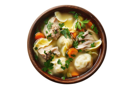 Chicken soup with dumplings and vegetables in bowl isolated on white backgroundの素材