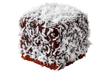 Chocolate-coated sponge lamington sponge cake covered in shredded coconut isolated on white transparent background, concept of Australia dessert snackの素材