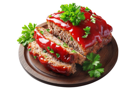 Meatloaf slice topped with ketchup and garnished with parsley on wooden plate, isolated on white transparent background, concept of homemade comfort foodの素材