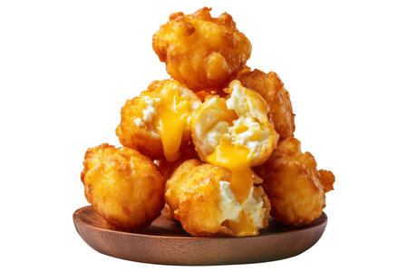 Deep-fried cheese curds balls served in wooden bowl, isolated on white transparent background. Concept of United States traditional dishes snack foodの素材