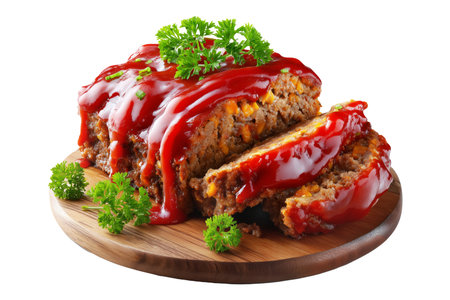Meatloaf slice topped with ketchup and garnished with parsley on wooden plate, isolated on white transparent background, concept of homemade comfort foodの素材