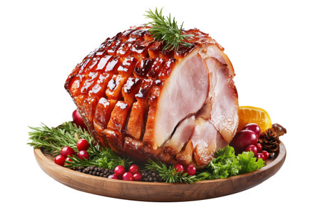 Maple baked glazed ham partially sliced with parsley garnish on wooden board, isolated on white transparent background.の素材