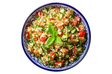 Freshly prepared tabbouleh salad with bulgur, parsley, tomato, mint, and cucumber in bowl isolated on white transparent background, concept of healthy eatingの素材
