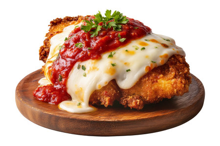 Australia breaded chicken Parmigiana cutlet topped with tomato sauce, melted cheese, and herbs on wood plate isolated on white transparent background, concept of Italian comfort foodの素材