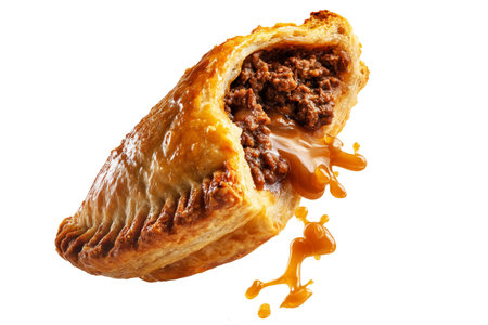 Australia meat pie with minced beef and gravy and crisp flaky crust, isolated on white transparent background. Concept of homemade comfort foodの素材