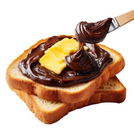 Bread with chocolate spread and butter isolated on a white background.の素材