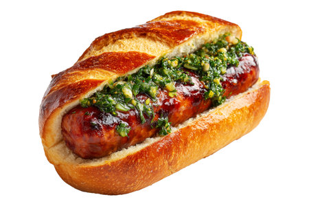 Argentina Choripn grilled chorizo sausage sandwich topped with green chimichurri sauce, isolated on white transparent background. Concept of gourmet South American Cuisine street foodの素材