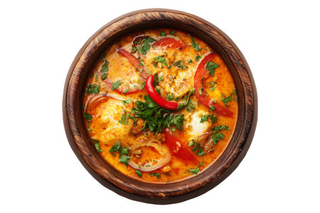 Brazil Moqueca fish stew soup garnished with herbs and lemon slice, served in wooden bowl isolated on white transparent background, concept of South American seafood cuisineの素材