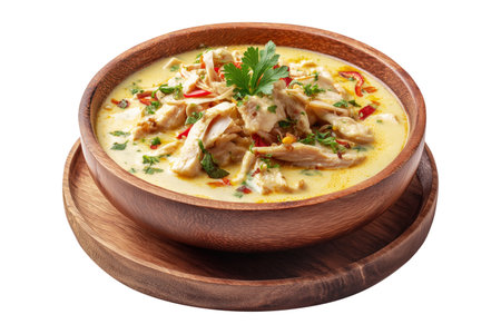Aji de Gallina creamy Peru poached chicken coated in a spicy and creamy nut-based sauce, herbs, and walnuts served in wooden bowl isolated on white background, concept of South American Cuisineの素材